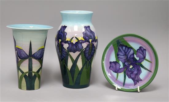 A Denis China Works iris plate and a pair of vases tallest 20cm